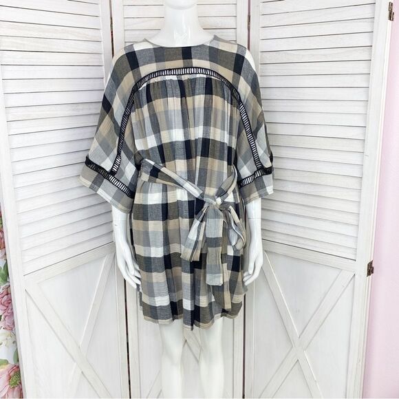 Maeve Anthropologie Plaid Kimono Tunic Dress Tie WaistTan Black Small - Picture 2 of 14